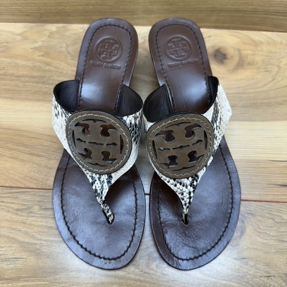 Tory Burch Louisa Womens 7 M Snake Embossed Brown Leather Wedge Sandals - Picture 4 of 11